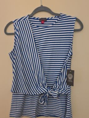 Vince Camuto Blue & White Striped Knot-Front Sleeveless Top